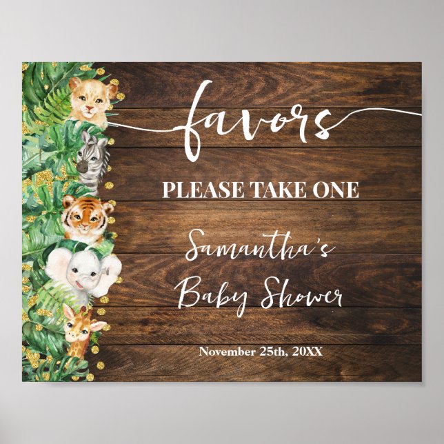 Wild Rustic Safari Animals Favors Baby Shower Sign (Front)