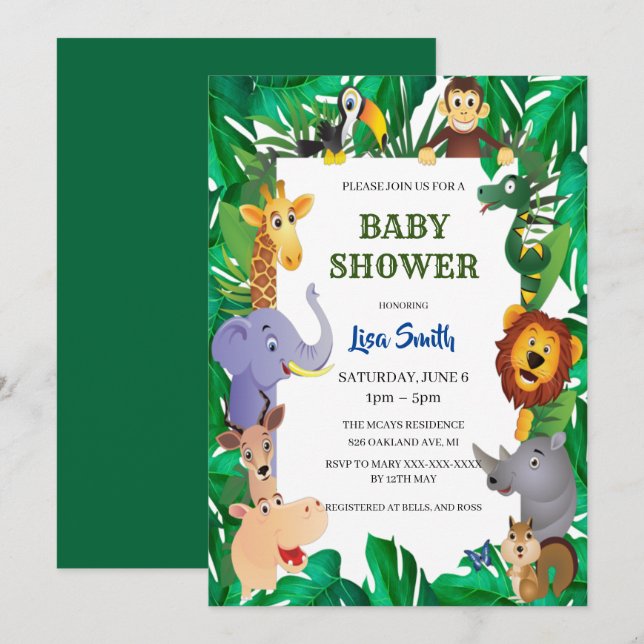 Wild Safari Animal Jungle Baby Shower Invitation (Front/Back)