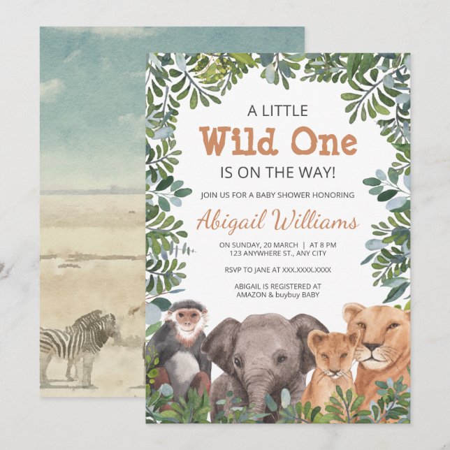 Wild Safari Animal - Monkey , Elephant Baby Shower Invitation (Front/Back)