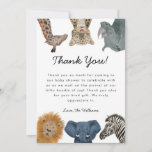 Wild Safari Animals Baby Shower Gender Neutral Thank You Card<br><div class="desc">Cute safari theme baby shower paper thank you card featuring hand drawn illustration of a giraffe,  leopard,  rhino,  lion,  elephant,  and zebra. The default text thanks the guests for the celebration and the gift. Customize this product by adding your name at the bottom. Gender neutral design.</div>
