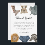 Wild Safari Animals Baby Shower Gender Neutral Thank You Card<br><div class="desc">Cute safari theme baby shower paper thank you card featuring hand drawn illustration of a giraffe,  leopard,  rhino,  lion,  elephant,  and zebra. The default text thanks the guests for the celebration and the gift. Customize this product by adding your name at the bottom. Gender neutral design.</div>