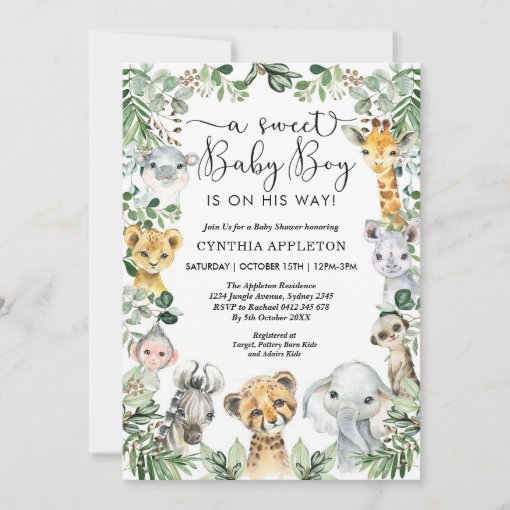 Wild Safari Animals Baby Shower Jungle Greenery Invitation | Zazzle