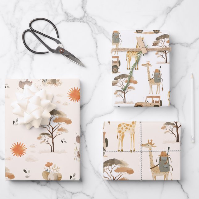 Wild Safari Animals Baby Shower Wrapping Paper Sheets (Front)