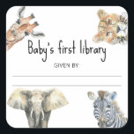 Wild Safari Animals - Baby's first library Square Sticker<br><div class="desc">Safari Jungle baby shower invitation featuring a watercolor illustration of a giraffe,  leopard,  elephant and zebra. "A little wild one is on the way."</div>