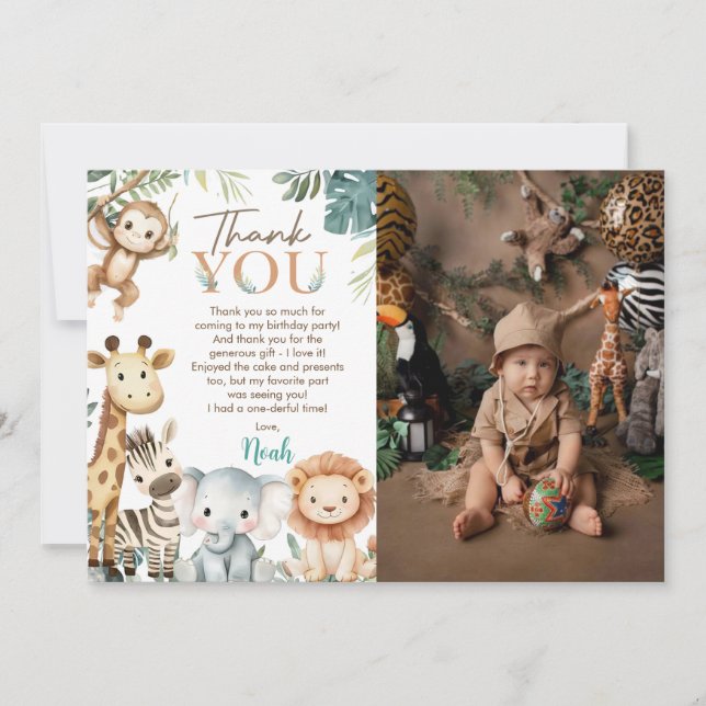 Wild Safari Animals Birthday Party Photo Thank You Card (Front)