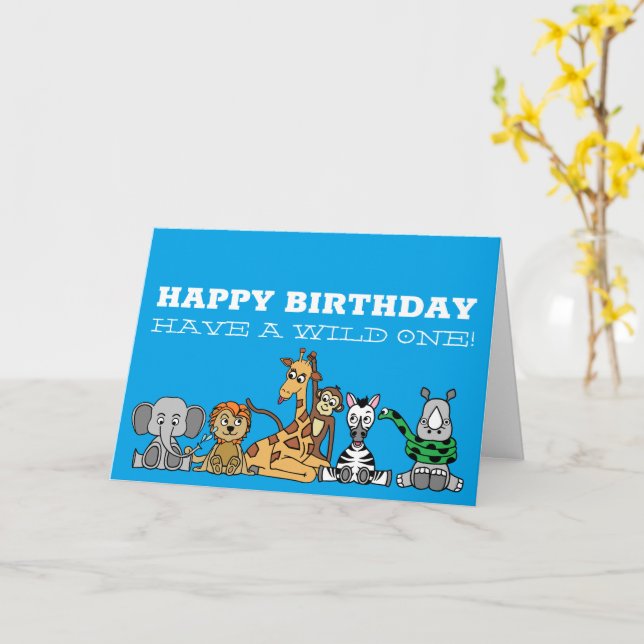 Wild Safari Animals, Children's Birthday Card (Yellow Flower)