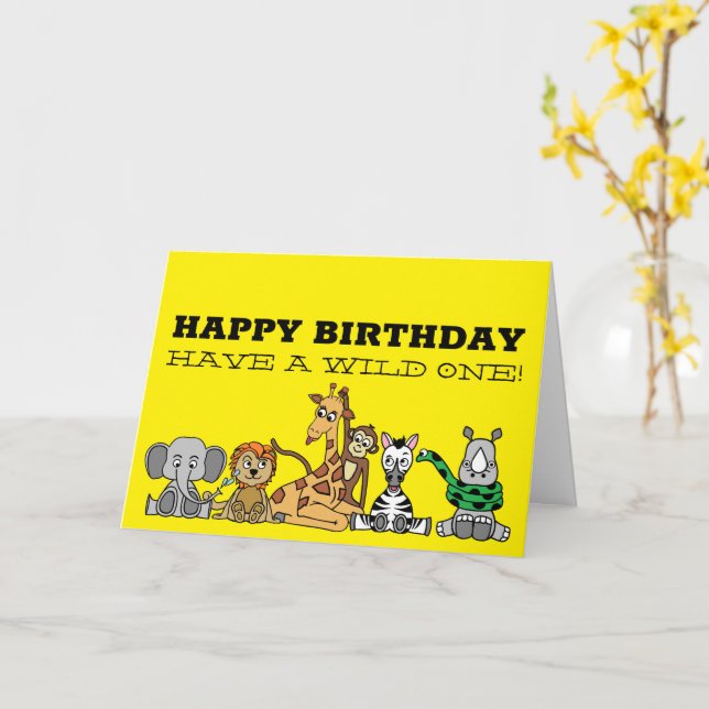 Wild Safari Animals, Children's Birthday Card (Yellow Flower)
