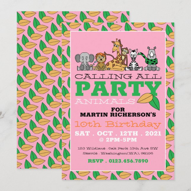 Wild Safari Animals, Children's Birthday Party Invitation (Front/Back)
