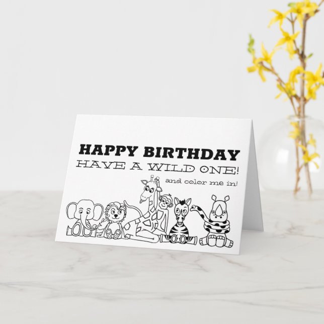 Wild Safari Animals, Children's Coloring Birthday Card (Yellow Flower)