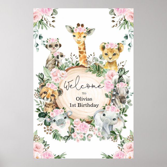 Wild Safari Animals Floral Greenery Birthday Baby Poster (Front)