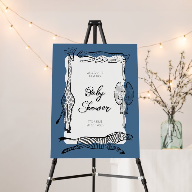 Wild Safari Animals Frame Denim Blue Welcome Sign (In Situ (Stand))