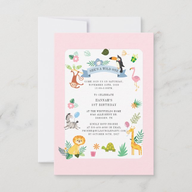 Wild Safari Animals Girl 1st Birthday Jungle Party Invitation (Front)