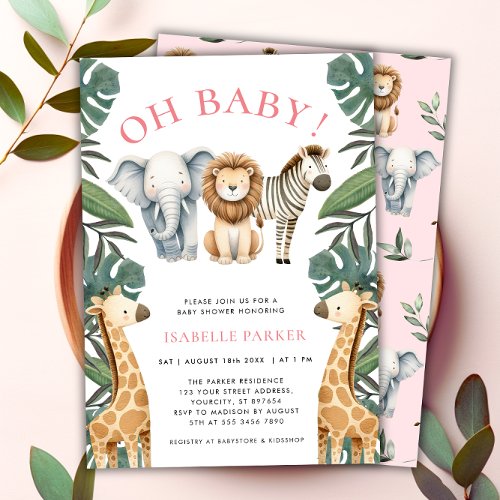 Wild Safari Animals Girl Baby Shower Invitation