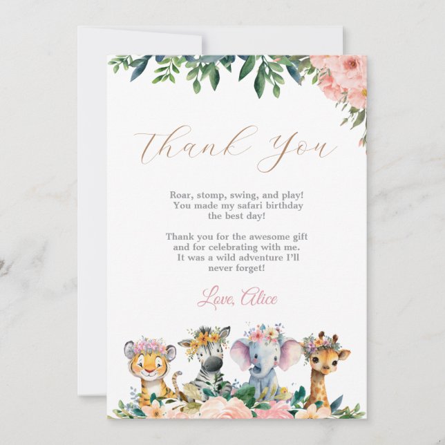 Wild Safari Animals Girl First Birthday Thank You Card (Front)