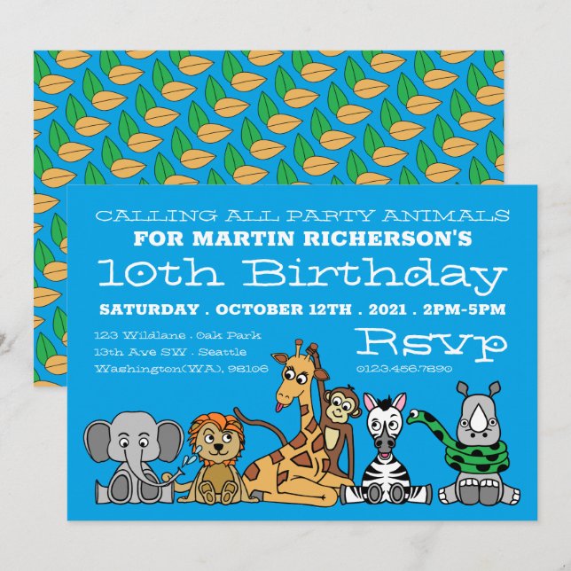 Wild Safari Animals, Kid's Birthday Party Invitation (Front/Back)