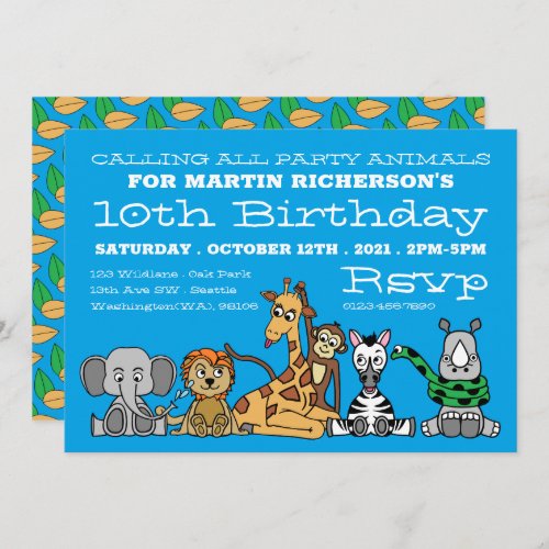 Wild Safari Animals Kids Birthday Party Invitation