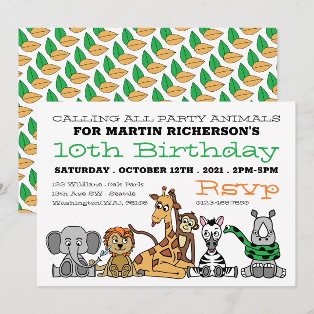 Wild Safari Animals, Kid's Birthday Party Invitation (Front/Back)