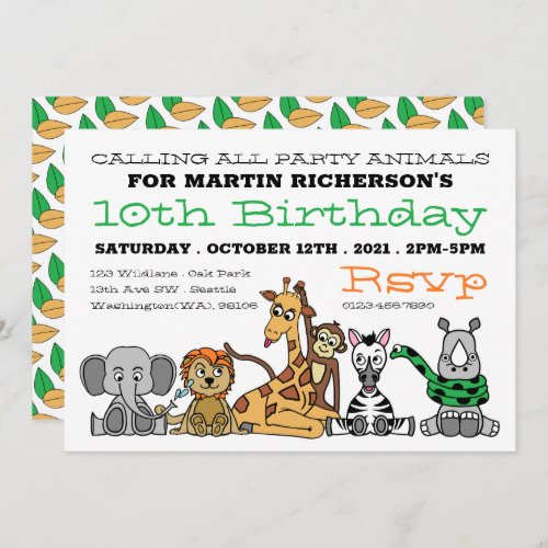 Wild Safari Animals Kids Birthday Party Invitation