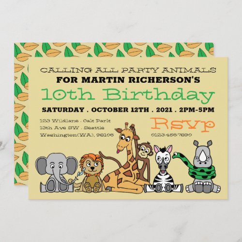 Wild Safari Animals Kids Birthday Party Invitation