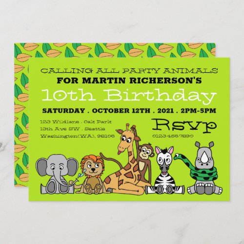 Wild Safari Animals Kids Birthday Party Invitation