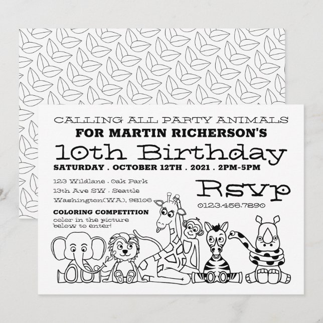 Wild Safari Animals, Kid's Coloring Birthday Party Invitation (Front/Back)