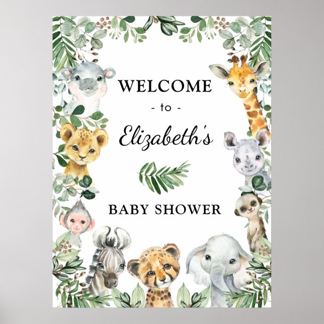 Wild Safari Animals Rustic Greenery Baby Welcome Poster (Front)