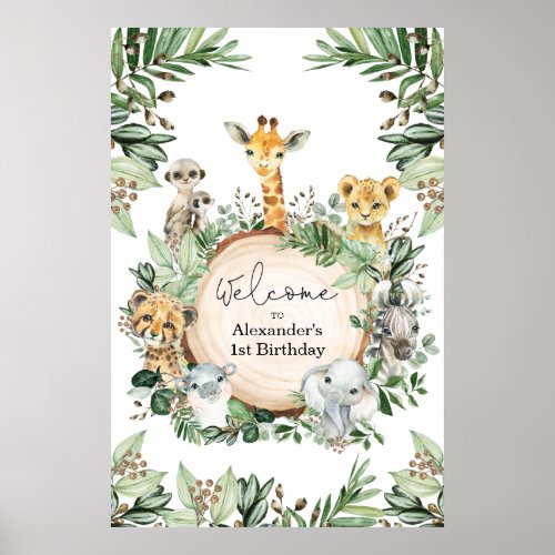 Wild Safari Animals Rustic Greenery Birthday Baby Poster