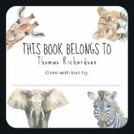 Wild Safari Animals - This book belongs to  Square Sticker<br><div class="desc">Safari Jungle baby shower invitation featuring a watercolor illustration of a giraffe,  leopard,  elephant and zebra. "A little wild one is on the way."</div>
