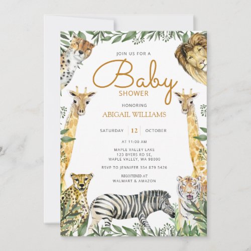 Wild Safari Animals with Giraffe Baby Shower Invitation