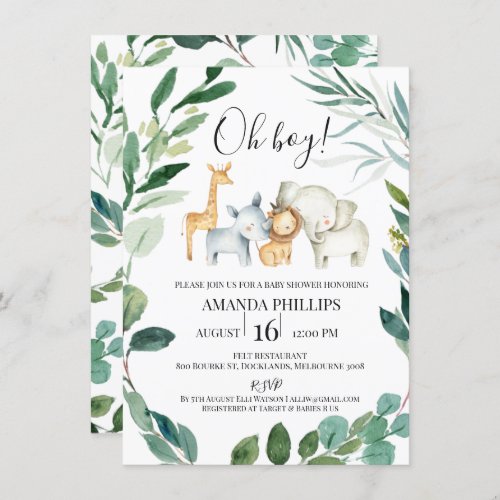 Wild Safari Animals Wreath Baby Shower Invitation - Wild Safari Animals Wreath Baby Shower Invitation
 
Sweet jungle animals themed baby shower invitation for a little boy featuring  a foliage wreath and four cute watercolor safari animals.   All text is editable making this a very flexible template.  This safari animals and foliage wreath baby shower invitation is a sweet way to invite guests to a little boy's or gender neutral baby shower.
