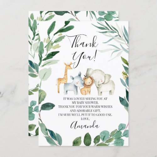 Wild Safari Animals Wreath Thank You Card - Wild Safari Animals Wreath Thank You Card
 
Sweet jungle animals themed baby shower thank you card featuring  a foliage wreath and four cute watercolor safari animals.   All text is editable making this a very flexible template.  This safari animals and foliage wreath baby shower thank you card is a sweet way to thank guests for attending your baby shower.
