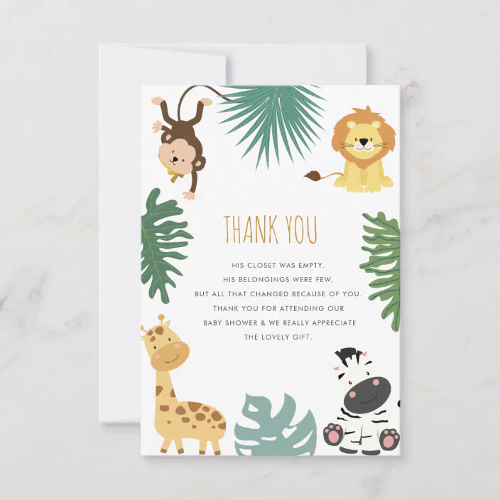 Children's Safari Themed Zoo Animal Birthday Baby Shower THANK YOU cards 