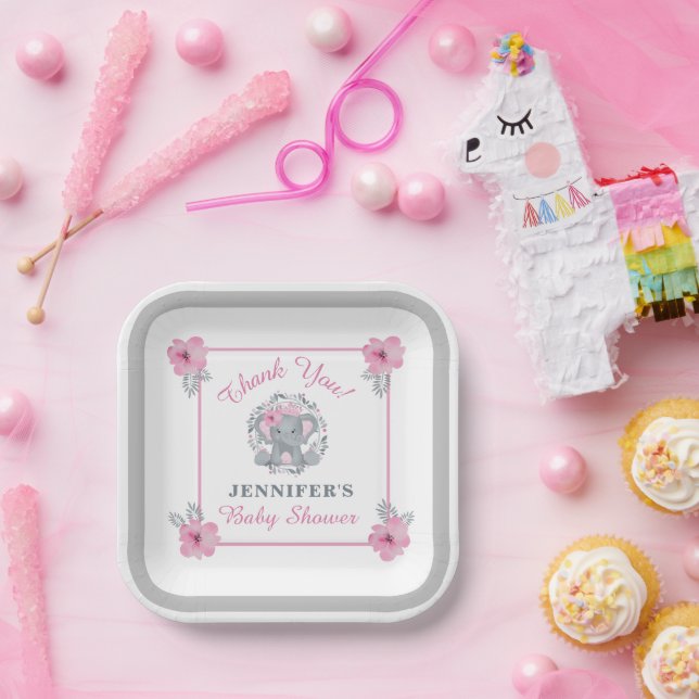 Wild Safari Elephant Pink Floral Baby Shower Paper Plates (Party)