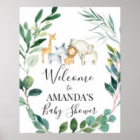 Wild Safari Foliage Wreath Baby Shower Welcome Poster