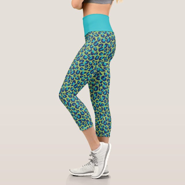 Wild Safari Green and Teal Leopard Print Capri Leggings (Left)