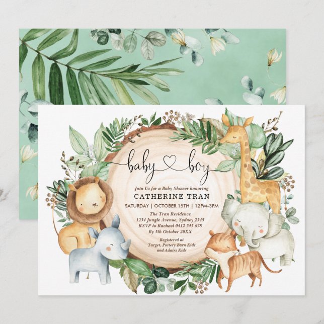 Wild Safari Greenery Jungle Boy Baby Shower Invitation (Front/Back)
