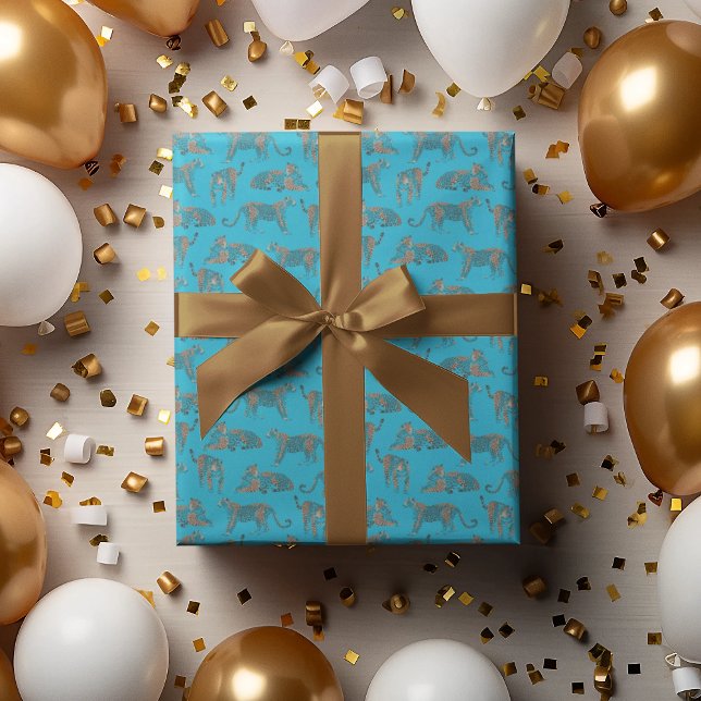 Wild Safari Jungle Leopard Patterned Blue Wrapping Paper (Creator Uploaded)