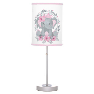 Wild Safari Pink Floral Baby Elephant Baby Nursery Table Lamp