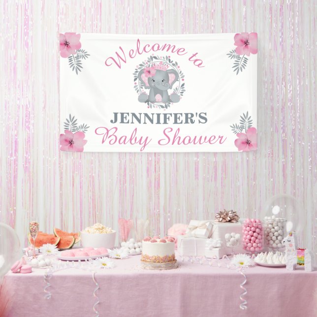 Wild Safari Pink Floral Elephant Baby Shower  Banner (Party)