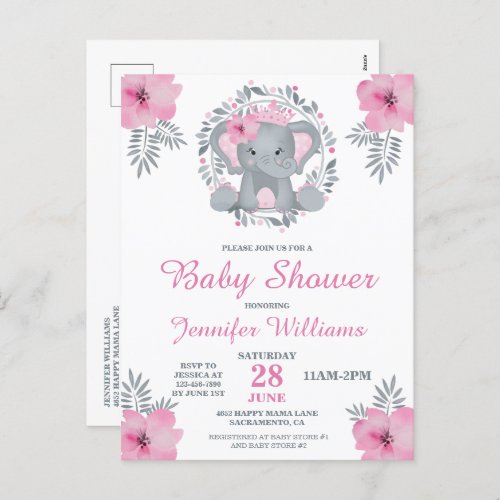 Wild Safari Pink Floral Elephant Baby Shower Invit Postcard