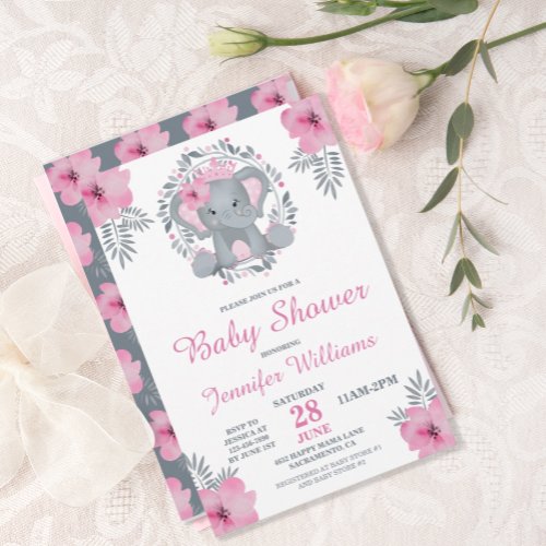 Wild Safari Pink Floral Elephant Baby Shower Invitation