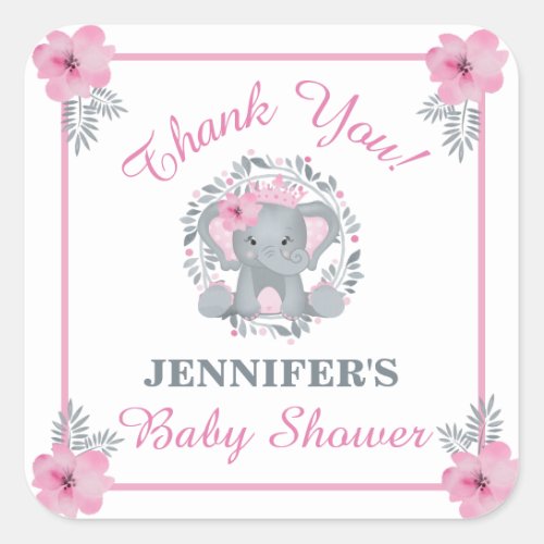Wild Safari Pink Floral Elephant Baby Shower  Square Sticker