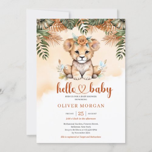 Wild safari terracotta dried palm cute baby lion invitation