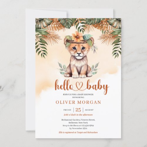 Wild safari terracotta dried palm cute baby lion invitation