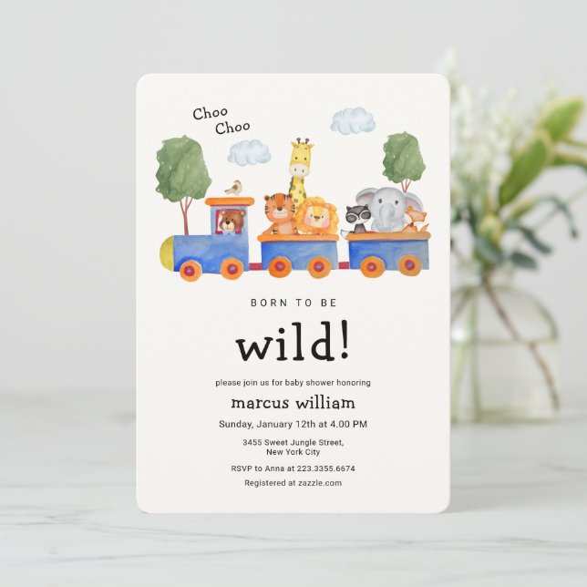 Wild Safari Zoo Animals Train Baby Shower Invitation (Standing Front)
