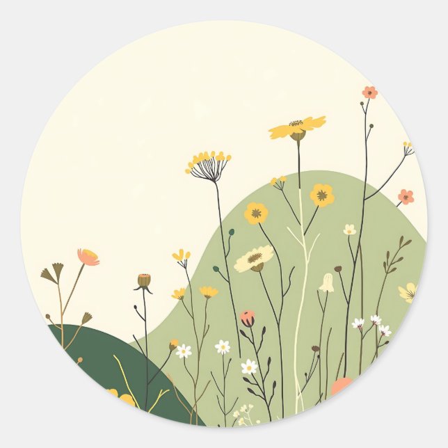 Wild Scandinavian Wildflowers and Geometric Line Classic Round Sticker (Front)