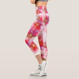 Wild Scarlet Crimson Floral Alcohol Ink Capri Leggings