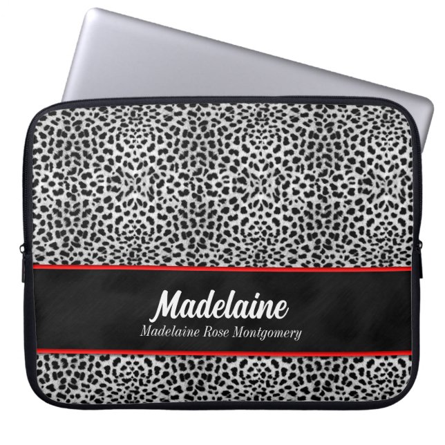 Wild Silver Cheetah Print with Red Accents Laptop Sleeve (Front)