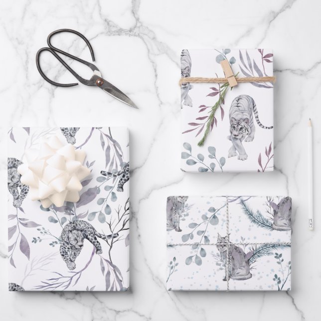 Wild Snow Cats with Winter Botanicals Wrapping Paper Sheets (Front)