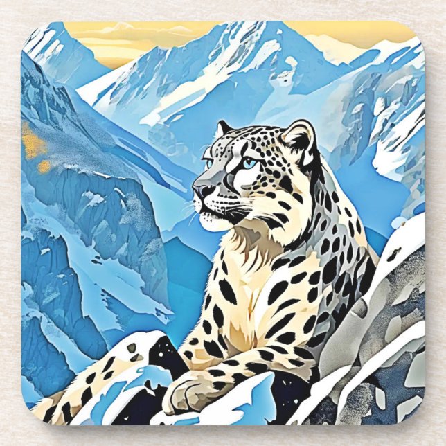 Wild Snow Leopard Design Beverage Coaster (Front)